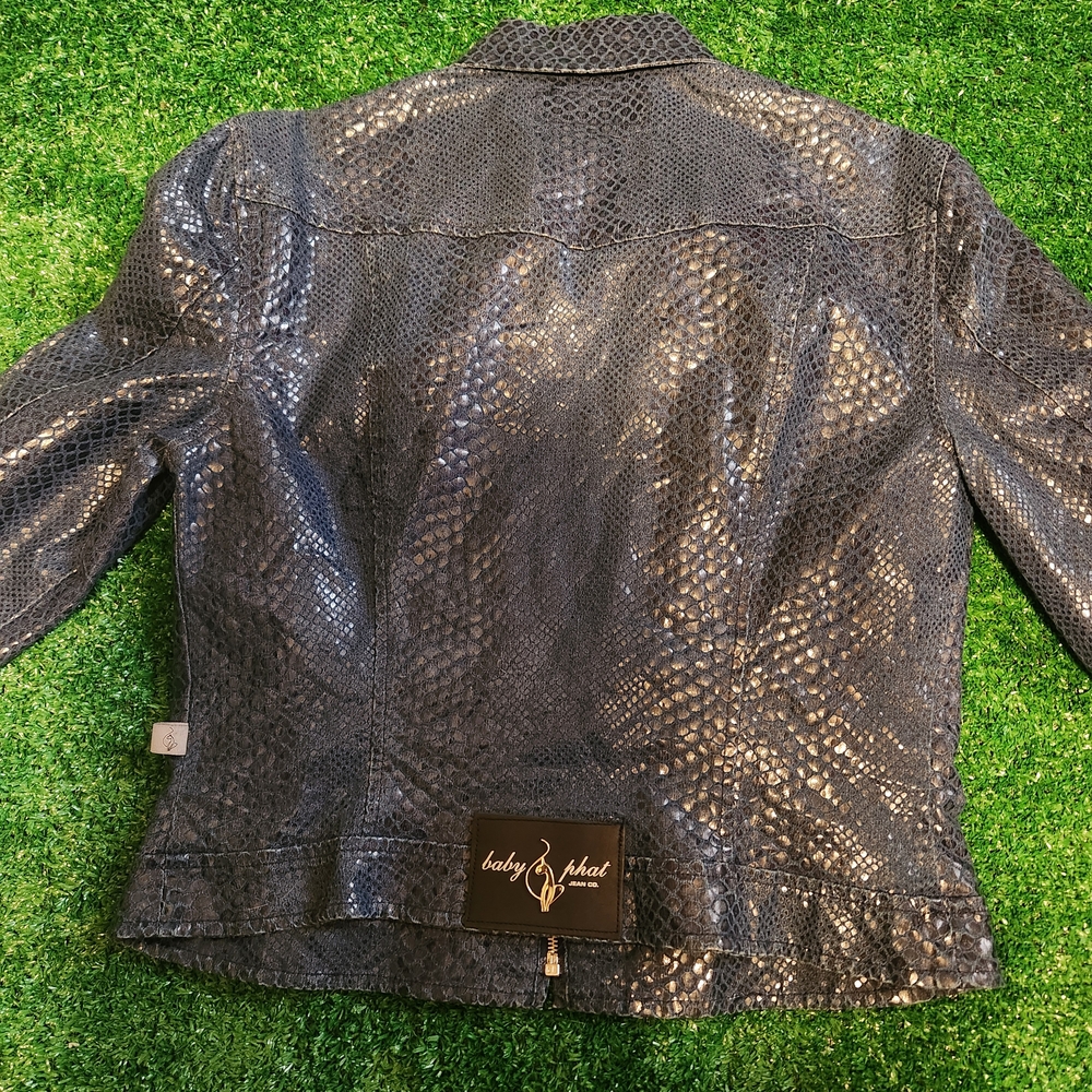 Y2k Baby Phat Blue Python-Print Leather Jacket - Picture 4 of 6